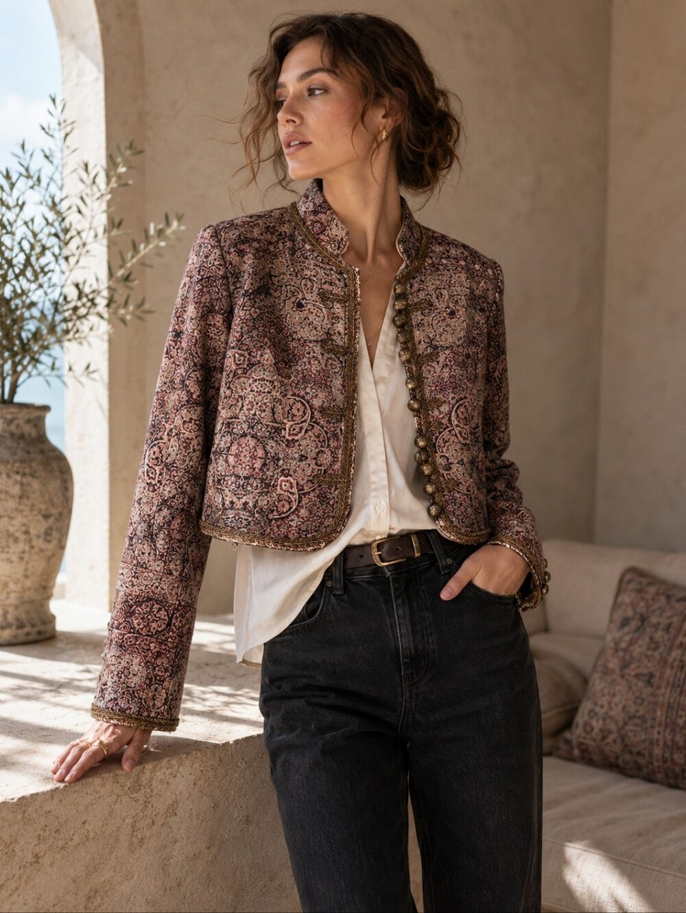 Soft Surroundings Icon Velvet Bolero Jacket XS Boho Military Paisley Tapestry NW